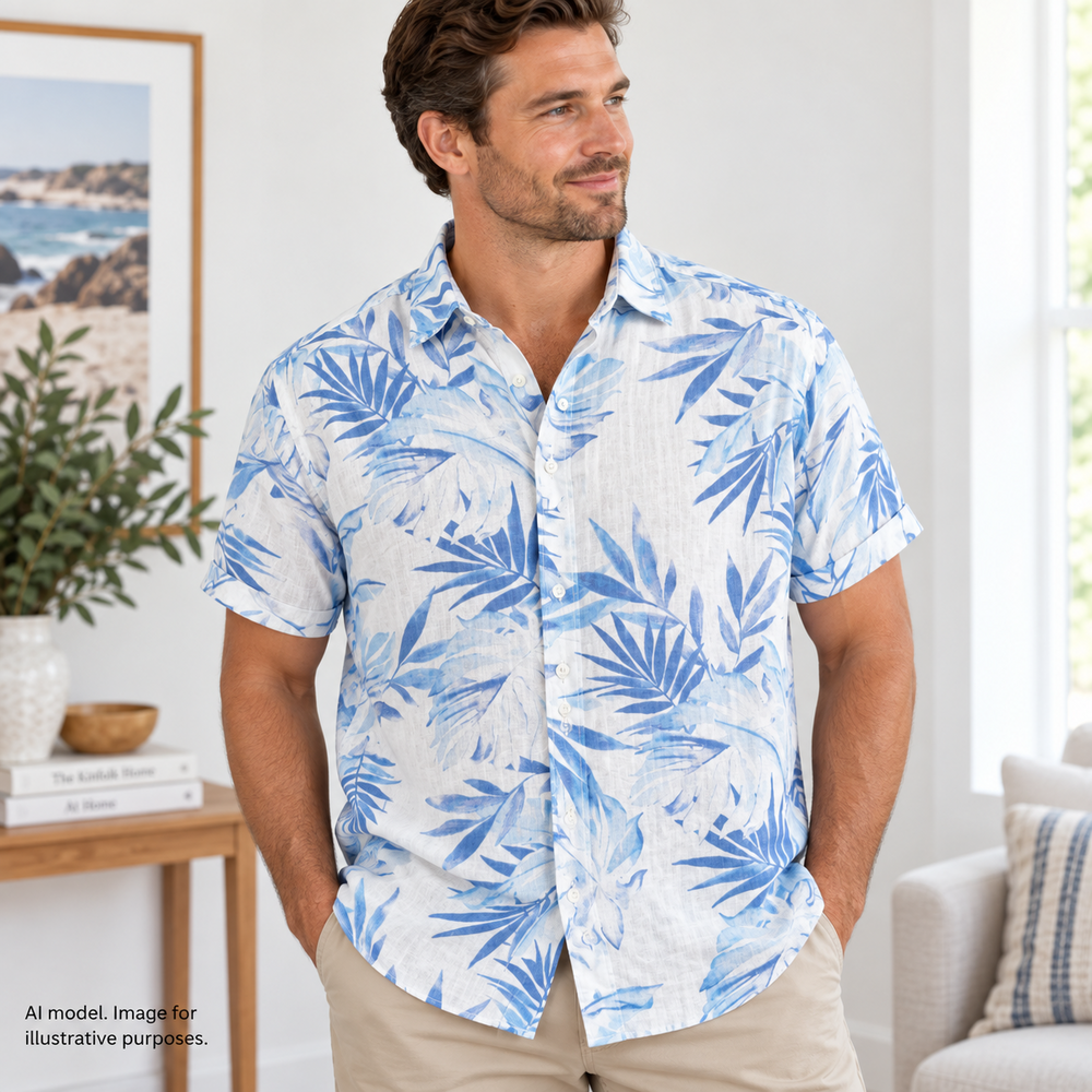 Cubavera Shirt Mens Medium Blue White Linen Floral Hawaiian Button Up Summer